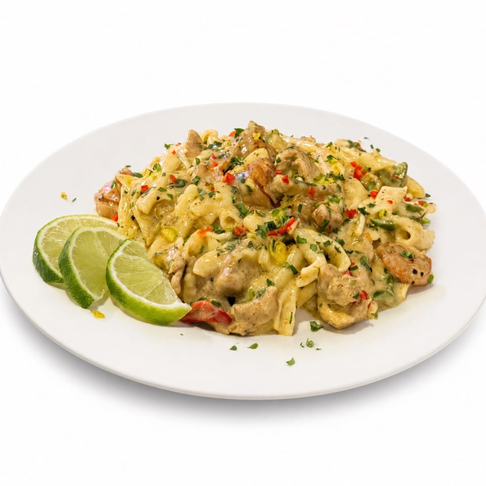 Creamy pasta with chicken, red peppers, green herbs, and lime wedges on a white plate.