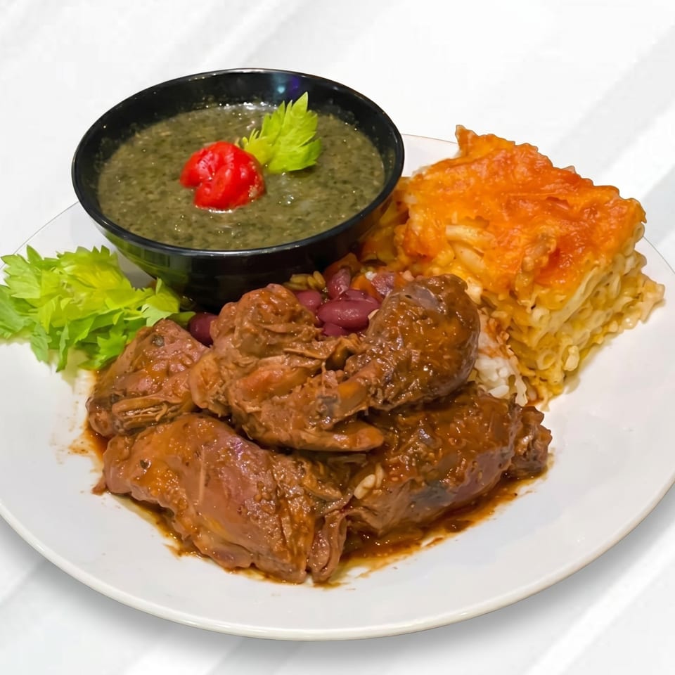 A plate of stewed chicken, rice and beans, macaroni pie, and callaloo soup with a red pepper.