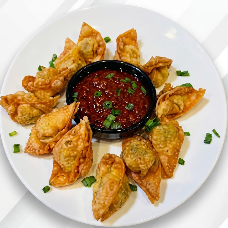Crispy fried wontons arranged around a black bowl of red dipping sauce, garnished with green onions.